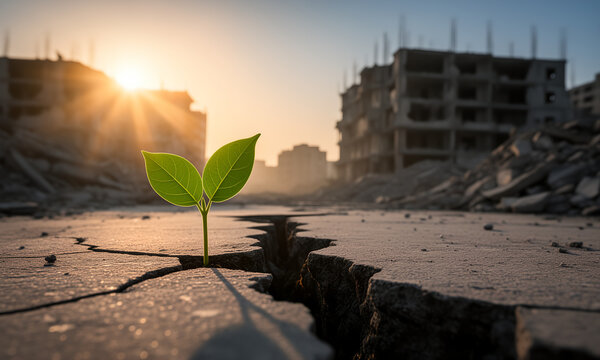 Hopeful green sprout emerges from cracked ground in a desolate urban landscape at dawn