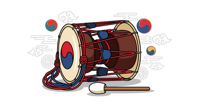 Traditional Korean Janggu Drum with Taegeuk Symbols, Music Instrument