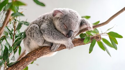 Fototapeta premium White Background Minimalist Cute Style Koala Sleeping Curled Up on Branch Pink Ears Paws Light Gray Fur Green Leaves Serene Cozy Atmosphere