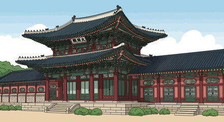 Obraz premium Traditional Korean Palace Architecture - Gyeongbokgung Palace Illustration