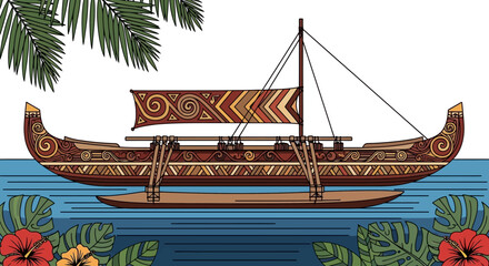 Traditional Polynesian Outrigger Canoe with Decorative Sail on Tropical Waters © Ahda