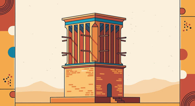 Traditional Persian Windcatcher Tower - Ancient Architecture Illustration