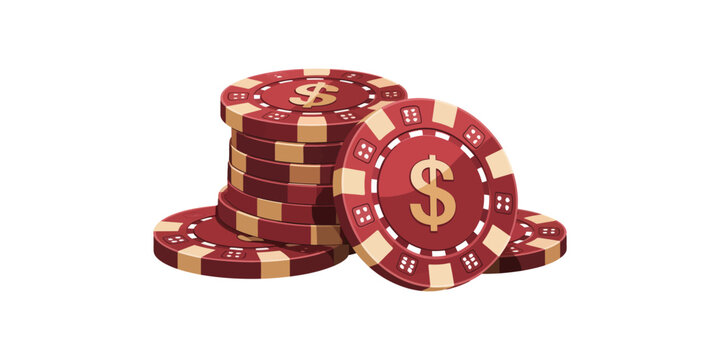Casino poker chips, red and gold, stacked, dollar sign, betting tokens, gambling elements, vector graphics