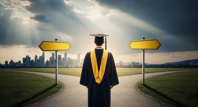 Young student standing at a fork in the road after university graduation
