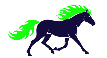 Fototapeta premium Dark Horse Galloping with Bright Green Mane and Tail - Vector Illustration