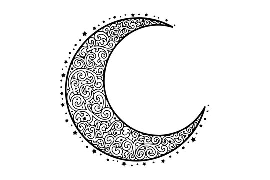 Decorative crescent moon with stars and ornate swirls black and white half moon ramadan kareem islamic geometry crescent decorative celestial illustration artistic astronomy