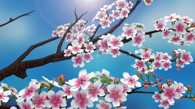 close up animation of Japanese Cherry Blossoms in full bloom and sky beautiful spring trees branch 4K UHD pink scenery Springs Flowers Cherry Sakura