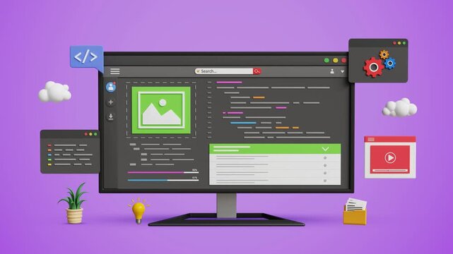 Low Code No Code AI Platform on a Computer Screen. Automation tools, AI Coding, Rapid Application Development, Workflow Optimization, Digital Transformation, IT Solutions. 4K 3D Video Animation