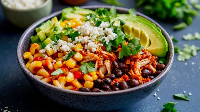A vibrant, Mexican-inspired fusion bowl. A bowl is filled with chiocciole (snail shell) pasta tossed in a creamy chipotle sauce