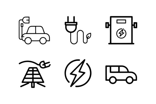 Electric vehicle icons charging stations and renewable energy with solar panel lightning bolt charging transportation collection technology sustainable electricity automobile