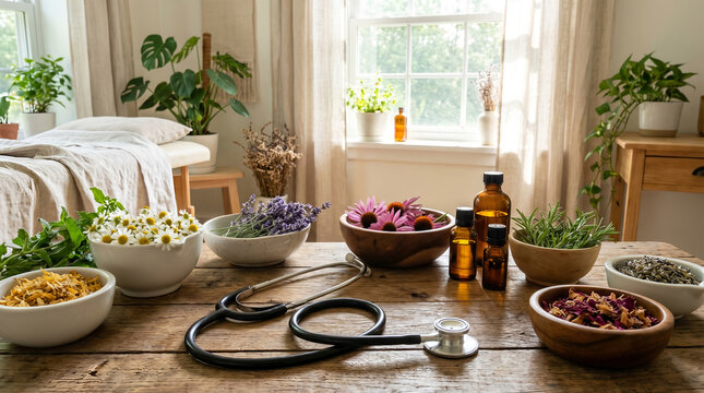 Herbal medicine collection with stethoscope, dried flowers and essential oils, arranged on wooden table, bright medical office, holistic health