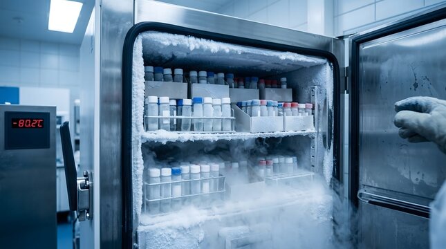 Open laboratory deep freezer with cryovials in racks and visible cold vapor in a cold facility