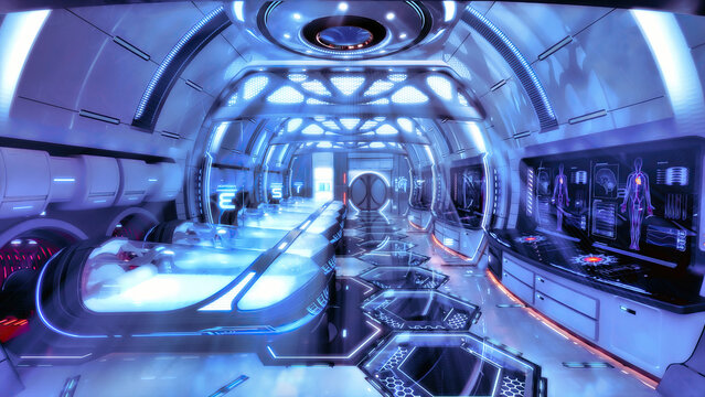 Futuristic medical pod room interior, clean white and blue healthcare facility, 4K background
