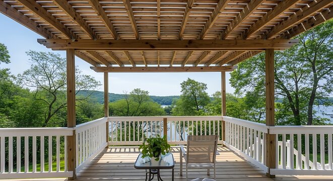 Outdoor deck with pergola and scenic view patio furniture