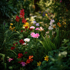 Fototapeta premium Blooming garden with mixed flowers and lush greenery in soft natural light showcasing seasonal nature theme and peaceful floral landscape