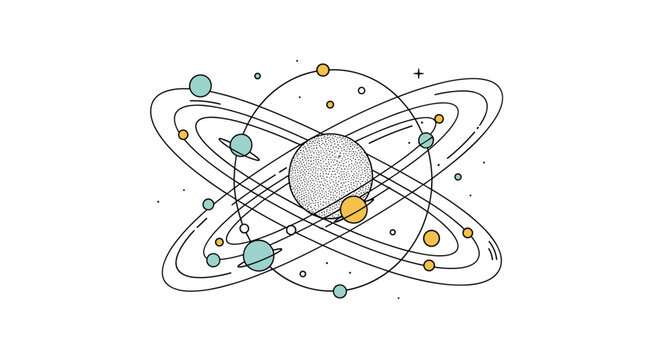Abstract scientific illustration of several planets orbiting around a central star or sun with complex geometric lines.