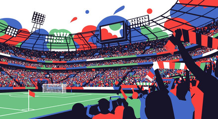 Vibrant Football Stadium Crowd Cheering During Match, Colorful Illustration © Ahda