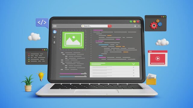 Low Code No Code Development and Programming Concept on a Laptop. Create Software without Coding. Rapid Application Building, Cloud Computing, AI Automation. 4K 3D Video Animation