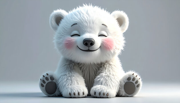 Adorable fluffy baby polar bear cub sitting and smiling with closed eyes