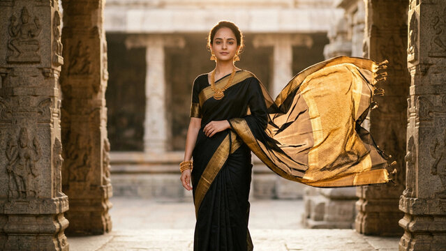 Indian Woman In Black Saree With Gold Border Walking In Ancient Temple With Flowing Pallu generative ai