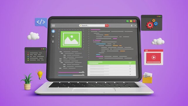 Low Code No Code AI Platform on a Laptop. Automation tools, AI Coding, Rapid Application Development, Workflow Optimization, Digital Transformation, IT Solutions. 4K 3D Video Animation