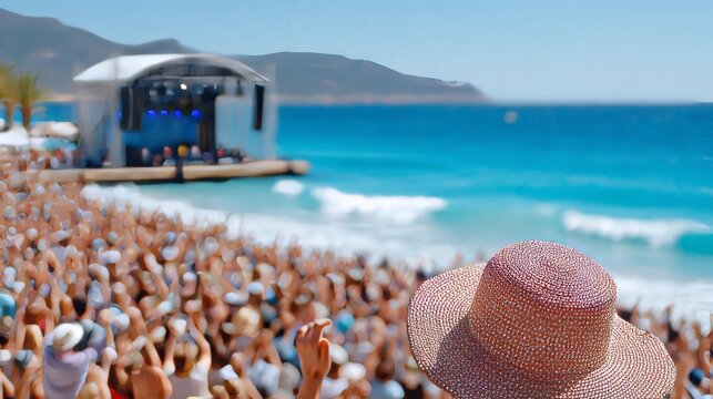 A crowded beach music festival featuring a large white stage at the water's edge. The sun-drenched scene shows a vast audience on the sand, turquoise ocean waves, and a clear blue sky.