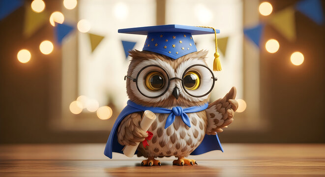 Wise owl wearing graduation cap and glasses holding diploma