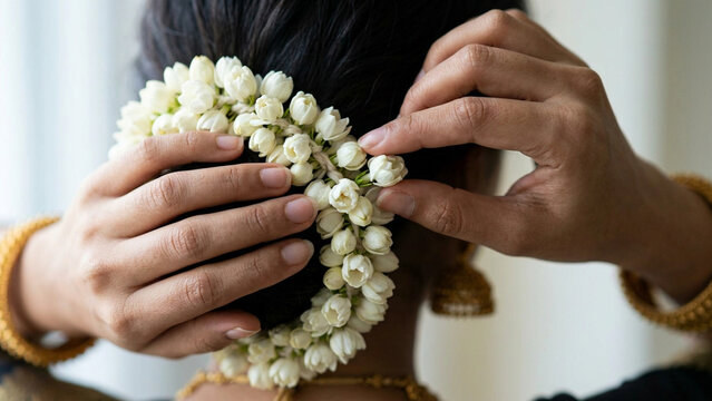 Close Up Of Indian Woman Hands Arranging Jasmine Flowers In Hair With Gold Jewelry generative ai