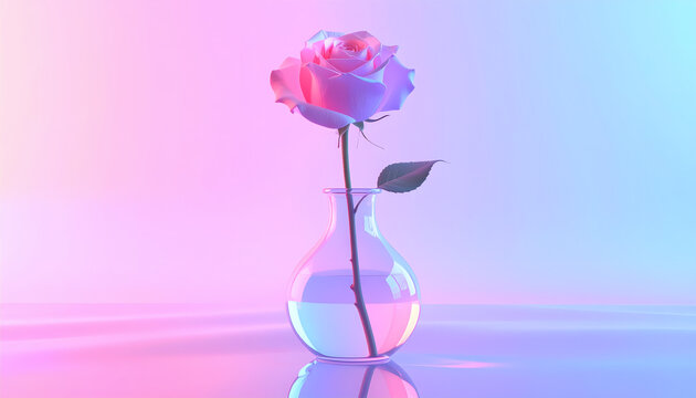 Single Pink Rose in a Glass Vase with Gradient Neon Lighting