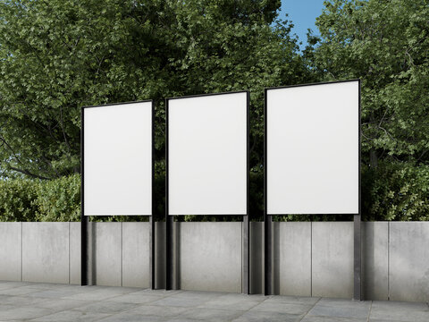 White Blank Poster Stand Mockup on a Roadside 3D Rendering in Right Angle