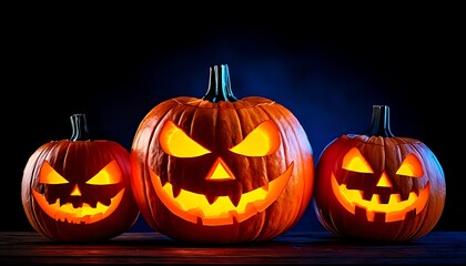 Fototapeta premium Three carved orange pumpkins with glowing faces sit on a dark surface against a black and blue background