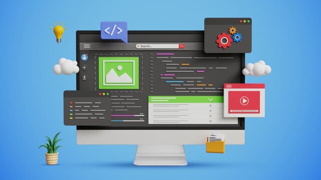 Low Code No Code Development and Programming Concept on a Computer. Create Software without Coding. Rapid Application Building, Cloud Computing, AI Automation. 4K 3D Video Animation