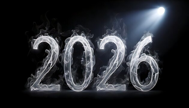 The year 2026, crafted in smoky digits, illuminated by a spotlight against a black background