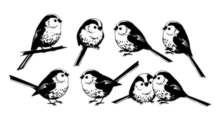 Children style long tailed tit birds set cute poses vector illustration isolated on white background © Md