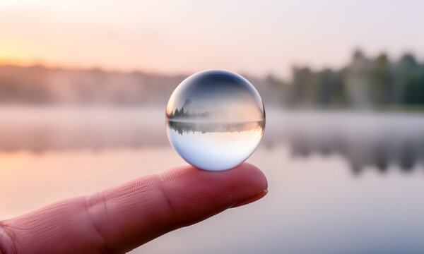 Crystal ball on finger reflects misty lake at sunrise with serene atmosphere