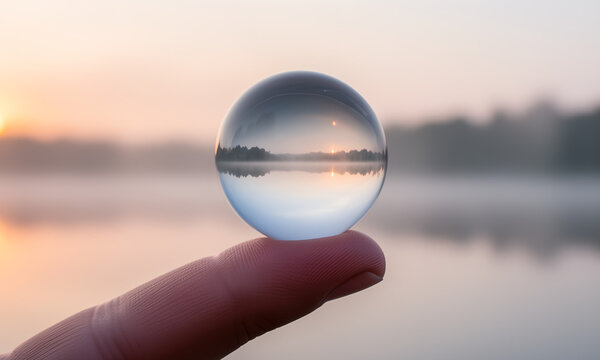 Crystal ball on fingertip reflects serene misty lake at sunrise