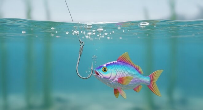 Colorful fish swims near a fishing hook under clear water representing temptation and hidden peril