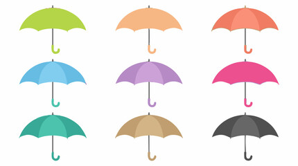 Obraz premium Colorful Umbrella Collection on White Background, Flat Vector Icons Set