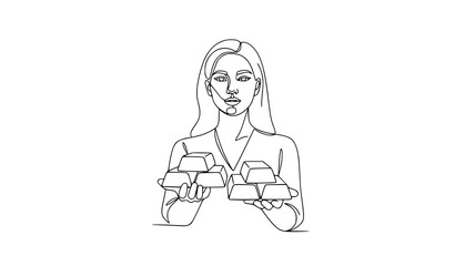 Obraz premium Woman holding gold bars – finance line art vector illustration