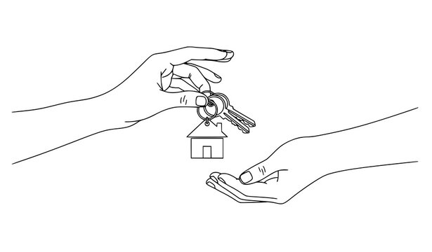 Handing over house keys line art vector illustration isolated on white background