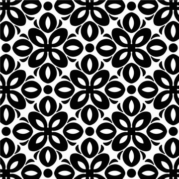 Seamless Floral Geometric Pattern, Black and White Vector Ornament