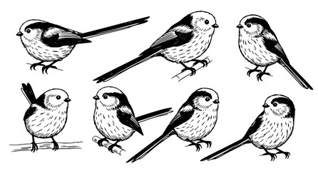 Long tailed tit birds minimal line art poses outline vector illustration set isolated on white background © Md