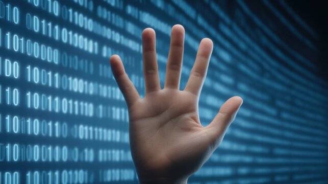 Hand Raised Against Digital Background Featuring Binary Code, Technology Concept, Innovation and Data Communication