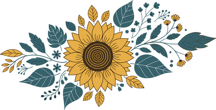 Decorative Sunflower and Foliage Border - Botanical Illustration