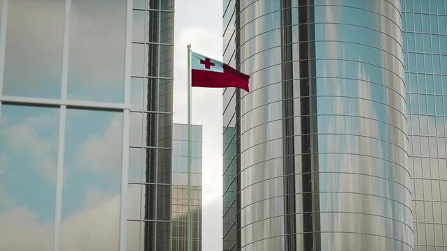 Tonga Flag 3D Render Animation on Pole with City Buildings