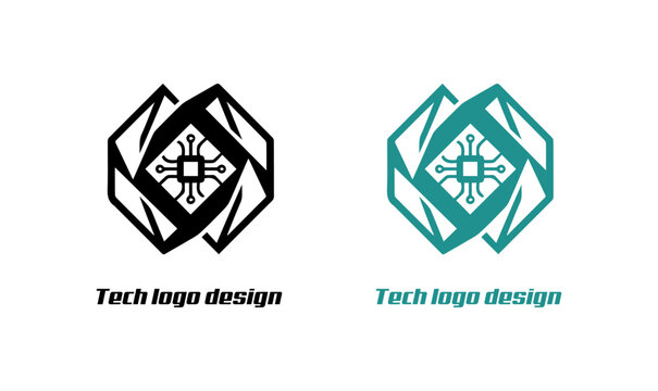 TECH LOGO CHIP, Modern Tech Logo Design with Microchip, Geometric Negative Space Technology Logo, Minimal Vector Branding