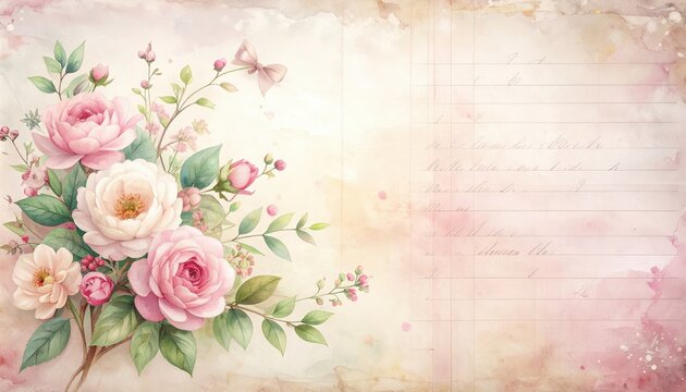 Soft Diary Page Coquette Background with Faded Vintage Roses and Antique Paper Texture, Nostalgic Romantic Backdrop for Love Letters, Scrapbooking, and Shabby Chic Stationery Design