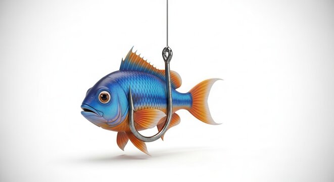 A vibrant fish precariously caught on a sharp fishing hook, symbolizing a challenging predicament