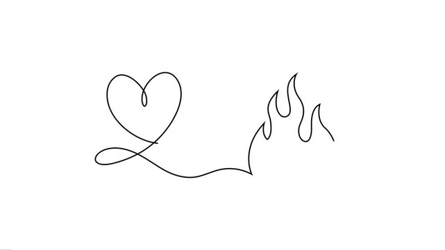 Continuous line drawing heart on fire loop animation