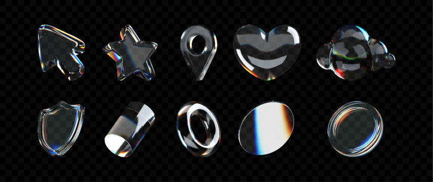
transparent 3d glassmorphism icon set with reflection and light effects, various shapes like stars, hearts, location pins and abstract elements.